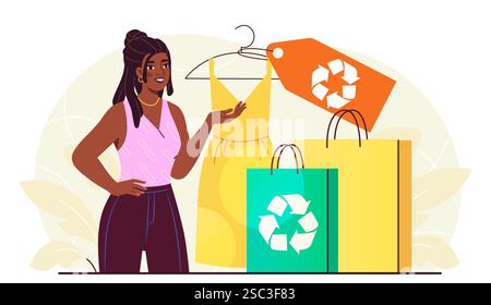 Concept de vêtements recyclés. Femme avec robe et sacs à partir de matériaux recyclés. Attention à l'écologie et à la nature, à l'environnement. Zéro déchet et durable Illustration de Vecteur