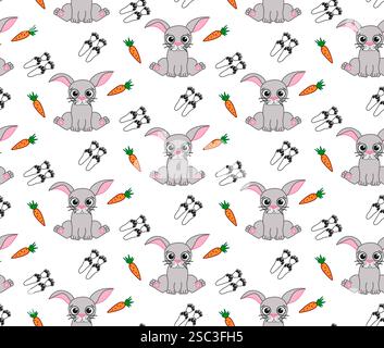 Modèle sans couture de vecteur lapin de bébé avec des carottes et des pas. répéter l'arrière-plan, conception de surface de lièvre de pâques mignon printemps. Doux à la main dessiné bunn Illustration de Vecteur