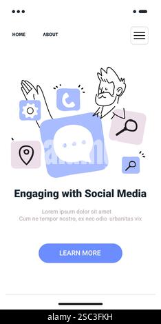 Interagir avec le concept de médias sociaux avec des icônes de style doodle et un personnage interagissant avec divers symboles d'application sur un écran d'application mobile Illustration de Vecteur