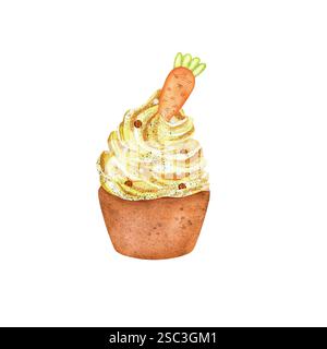 Cupcake de Pâques à la crème jaune décoré de carotte. Clipart de Pâques. Illustration d'aquarelle dessinée à la main. Banque D'Images