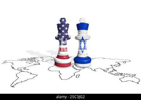 Échecs fabriqués à partir de drapeaux USA et Israël sur une carte du monde et bande de Gaza Banque D'Images