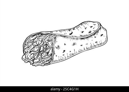 Tortilla de farine enveloppés de légumes, viande grillée, illustration de feuilles de salade peinte à l'encre noire. Dessin de gravure de nourriture de pain pita rapide de rue. Illustration de Vecteur