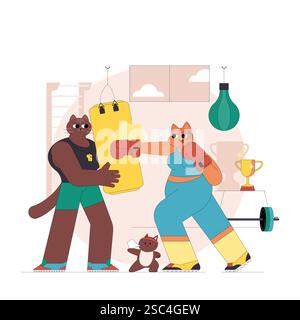 Cette illustration montre des chats anthropomorphes dans un cadre de gymnastique, mettant en valeur une scène de motivation de fitness. Le formateur encourage le coureur sur le tapis roulant, mettant en valeur une ambiance énergique et ludique. Illustration de Vecteur