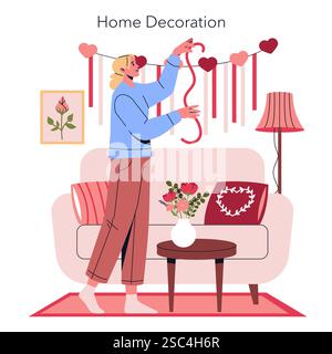 Scène de décoration de la maison de Saint-Valentin. Une femme décore son espace de vie avec des coeurs et des rubans, créant une atmosphère festive pour célébrer l'amour. Ce cadre confortable présente des éléments floraux et une palette de couleurs chaudes qui incarne le romantisme et la joie lors de cette occasion spéciale. Illustration vectorielle. Illustration de Vecteur