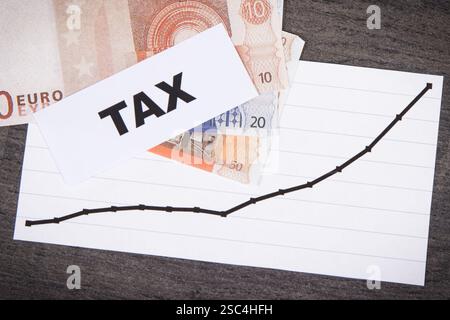 Inscription taxe, billets en euros et graphique en hausse montrant les augmentations de taxes. Calcul et paiement de l'impôt. Fond en bois Banque D'Images