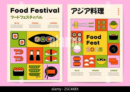 Affiches gastronomiques asiatiques. Fond de festival gastronomique japonais avec repas oriental traditionnel, sushi ramen riz tempura, design de menu de restaurant asiatique. Vecteur Illustration de Vecteur