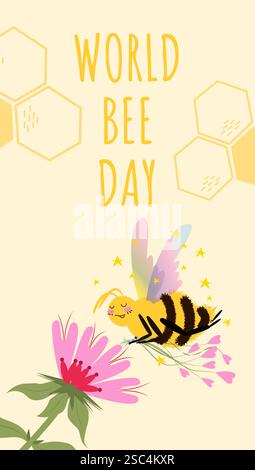 Illustration vectorielle Journée mondiale des abeilles avec abeille mignonne, fleur, nid d'abeille. Concept de modèle vertical pour bannière, affiche, web, flyer, invitation Illustration de Vecteur