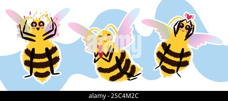 Ensemble de jolies abeilles de bande dessinée heureuses. Personnages Fluffy Bee avec des ailes colorées dans différentes poses célébrants et tenant des coeurs. Illustration vectorielle Illustration de Vecteur