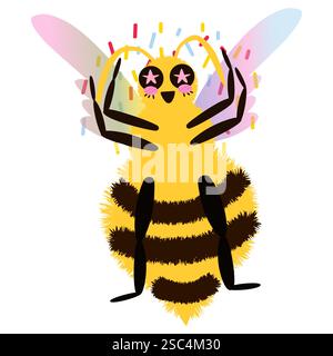 Personnage Fluffy Bee avec des ailes colorées célébrant. Illustrations vectorielles fantaisistes et mignonnes de dessin animé Bee. Isolé Illustration de Vecteur