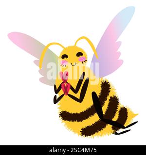 Personnage d'abeille moelleux avec ailes teintées arc-en-ciel volant et tenant des coeurs. Bee de dessin animé romantique. Illustration vectorielle isolée fantaisiste et stylisée Illustration de Vecteur