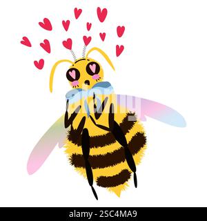 Personnage d'abeille moelleux et romantique avec ailes teintées arc-en-ciel avec des coeurs. Abeille de dessin animé expressif. Illustration vectorielle isolée fantaisiste et stylisée Illustration de Vecteur