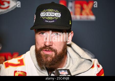 Travis Kelce, Chiefs de Kansas City Tight End, lors d'une conférence de presse au New Orleans Marriott, aux États-Unis. Les Chiefs de Kansas City affronteront les Eagles de Philadelphie au Super Bowl LIX dimanche. Date de la photo : mercredi 5 février 2025. Banque D'Images