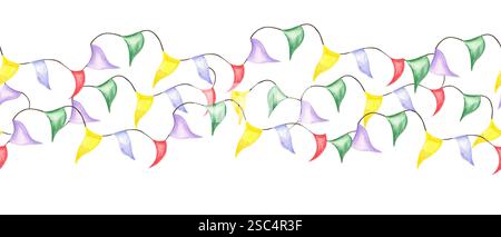 Aquarelle jaune, vert, violet, drapeaux triangulaires rouges sur bannière horizontale sans couture de chaîne noire. Drapeaux de fête en forme de fanion ornés Banque D'Images