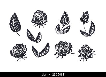 Fleurs roses dessinées à la main et feuilles silhouettes noires ensemble isolé sur fond blanc Illustration de Vecteur