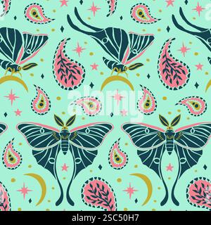 Motif sans couture avec motif céleste luna Moth et Paisley. Fond d'écran boho étoiles et lunes Illustration de Vecteur