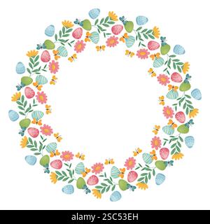 Couronne d'œufs de Pâques, de fleurs et de papillons. Couronne décorative faite d'œufs de Pâques colorés, fleurs, papillons sur fond blanc. Printemps des fêtes Illustration de Vecteur