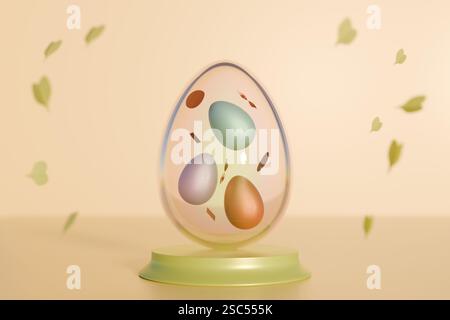 Affichage d'oeufs de Pâques avec des oeufs colorés et des éléments décoratifs, célébrant l'esprit de vacances. rendu 3d. Banque D'Images