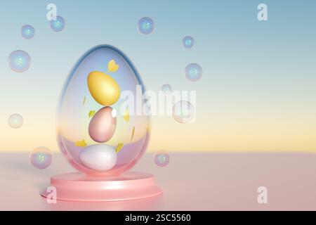 Oeufs de Pâques affichés dans un oeuf en verre décoratif, célébrant l'esprit festif des vacances de Pâques. rendu 3d. Banque D'Images