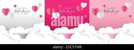 Ensemble de fond de jour de la saint-valentin 3D blanc, magenta, podium cylindrique rose entouré de nuages. Plate-forme géométrique vectorielle. Maquettes abstraites Illustration de Vecteur