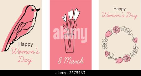 Élégantes illustrations de la Journée des femmes avec des oiseaux, des fleurs et des arrangements de tulipes Illustration de Vecteur