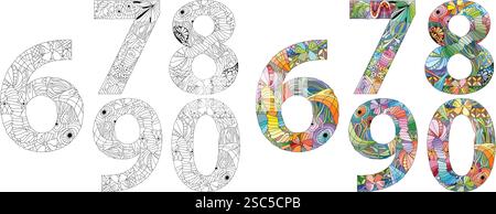 Décoration artistique peinte à la main. Illustration dessinée à la main pour la décoration. Numéroter zéro, six, sept, huit, neuf objets zentangle pour la coloration. Illustration de Vecteur