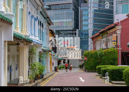 Des maisons historiques colorées bordent Emerald Hill Road à Singapour. Banque D'Images