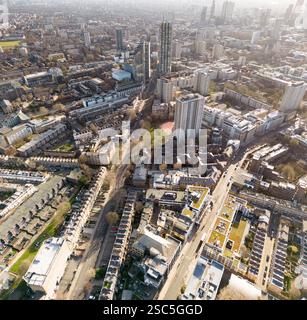 Vue aérienne de Londres, Royaume-Uni, en particulier la zone autour de Goswell Road et City Road, Angel, Islington Banque D'Images