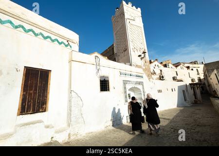 Les gens marchent à travers le quartier historique d'Alger, mettant en valeur l'architecture traditionnelle et le patrimoine culturel, Algérie Banque D'Images