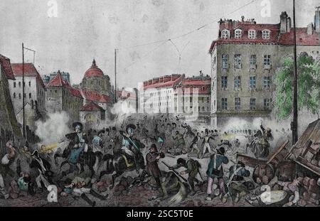 Combats. Place la Bastilla. 28 juillet 1830. Paris. Frances. 1830 révolution. Gravure de Victor Adam, 19e s.. Banque D'Images
