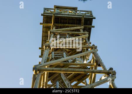 Tour d'observation en bois contre un ciel bleu clair. Vue en angle bas accentuant la hauteur et la structure. Parfait pour l'architecture, les voyages ou les proje en plein air Banque D'Images