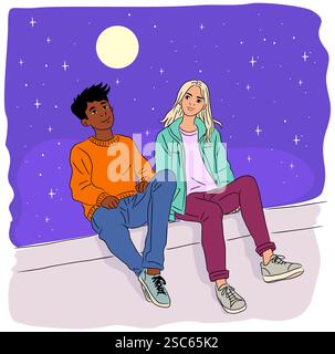 Jeune couple assis sur un rebord la nuit Illustration de Vecteur
