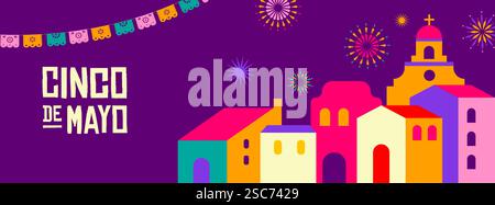Viva Mexico, Cinco de Mayo design, illustration de rue mexicaine, maisons de village, feux d'artifice, célébration Cinco de Mayo Illustration de Vecteur