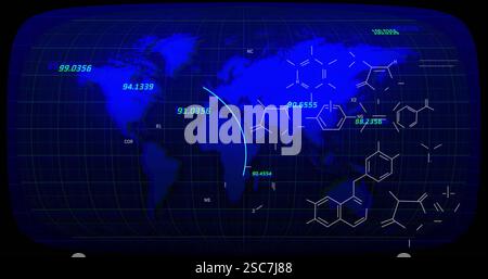 Formules chimiques et coordonnées image sur la carte du monde Banque D'Images