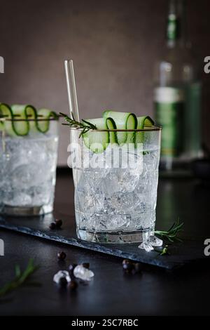 Gin tonic avec tranches de concombre et brins de thym Banque D'Images