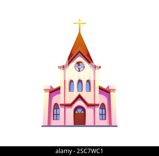 Église de dessin animé avec façade rose et blanche, fenêtres cintrées, grand clocher avec croix dorée et vitraux circulaires centraux. Vecteur isolé bui Illustration de Vecteur