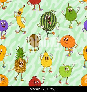 Motif sans couture des personnages de fruits groovy. Tuile vectorielle avec prune amusante et originale, banane, pastèque, ananas et grenat. Orange, pomme, poire et mang Illustration de Vecteur