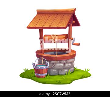 Puits d'eau de pierre de ferme de dessin animé avec seau en bois, poulie et corde. Vecteur vieille eau potable creusée bien avec la décoration de maçonnerie en pierre de brique sur gra vert Illustration de Vecteur