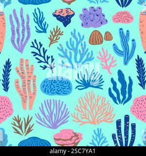 Motif sans couture avec coraux doodle et algues. Illustration vectorielle de dessin animé mignon dessinée à la main. Illustration de Vecteur