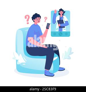 Un homme faisant appel vidéo avec le médecin pour l'illustration vectorielle de concept de consultation médicale Illustration de Vecteur