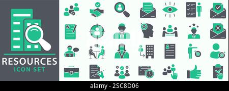 Ressources humaines, jeu d'icônes. Recherche d'emploi et recherche d'employés. Entretien et recrutement, définir des icônes. travail d'équipe, gens d'affaires. définir les icônes vectorielles illustra Illustration de Vecteur
