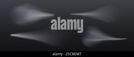 Collection de brouillard d'eau de vecteur - gouttelettes dispersées transparentes réalistes, éclaboussures blanches brumeuses, différentes formes et densités de nuages d'aérosol sur fond sombre pour les effets de produits cosmétiques. Illustration de Vecteur