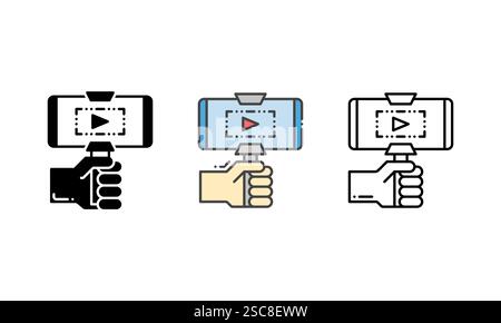 icône vlogging - main tenant un smartphone sur un bâton selfie tout en enregistrant une vidéo. Icône vectorielle avec contour, glyphe et style de contour plein Illustration de Vecteur