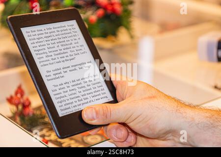 Une personne est concentrée sur la lecture d'un livre électronique, immergée dans une histoire. Le décor environnant ajoute une touche festive, célébrant la semaine de lecture e livre dans un e confortable Banque D'Images