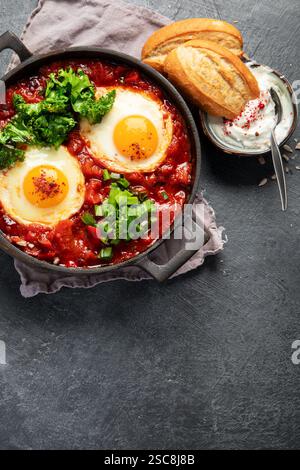 Oeufs Shakshuka dans une casserole avec du pain sur un fond sombre. Oeufs pochés dans une sauce épicée au poivre tomate. Œufs brouillés juifs traditionnels. Vue de dessus. Co Banque D'Images