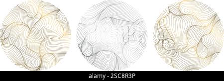 Ensemble vectoriel de cercles organiques de ligne d'argent et d'or, logos d'onde abstraits. Mer, spa, emblèmes de la nature océanique, yoga, fond de luxe de bien-être, panneaux ronds Illustration de Vecteur