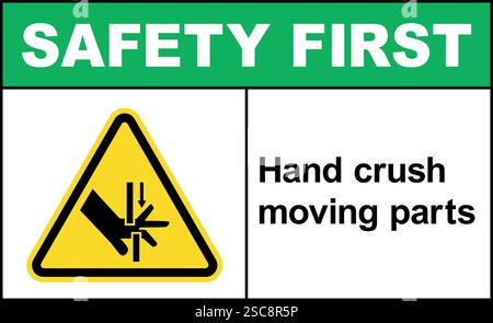 Premier signe de sécurité : écrasement manuel des pièces mobiles. Signes et symboles interdits. Illustration de Vecteur