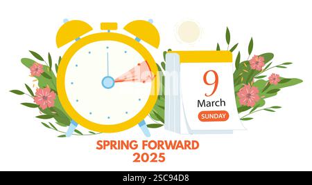 Tournez les horloges une heure à l'avance, bannière d'information sur l'heure d'été. Spring Forward concept avec horloge et déplace la flèche 1 heure en avant avec la date du calendrier 9 ma Illustration de Vecteur
