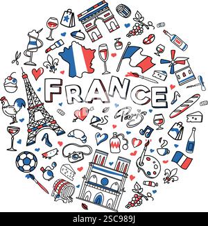 Round France doodles, clip art, icône de collection d'éléments décoratifs de dessin animé. illustration vectorielle Illustration de Vecteur