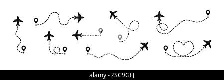 Itinéraires d'avion définis. Épingles de suivi d'avion, de voyage, de carte et de localisation. Illustration vectorielle. Illustration de Vecteur