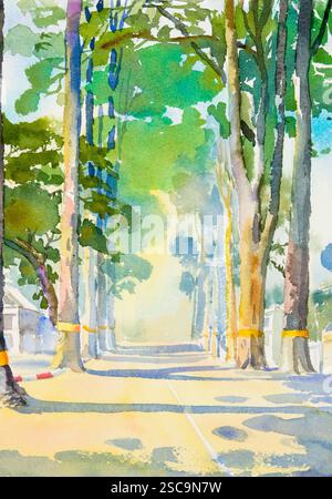 Peinture de paysage d'aquarelle colorée des arbres de tunnel grande taille et vue de rue campagne et émotion dans la société rurale, fond de beauté de la nature. Ha Banque D'Images